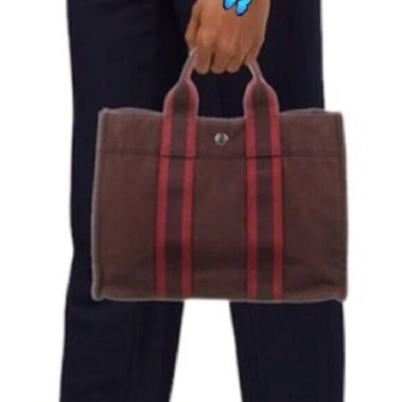 Hermès Toile Officier Canvas Tote Bag Red Burgundy - Picture 1 of 16